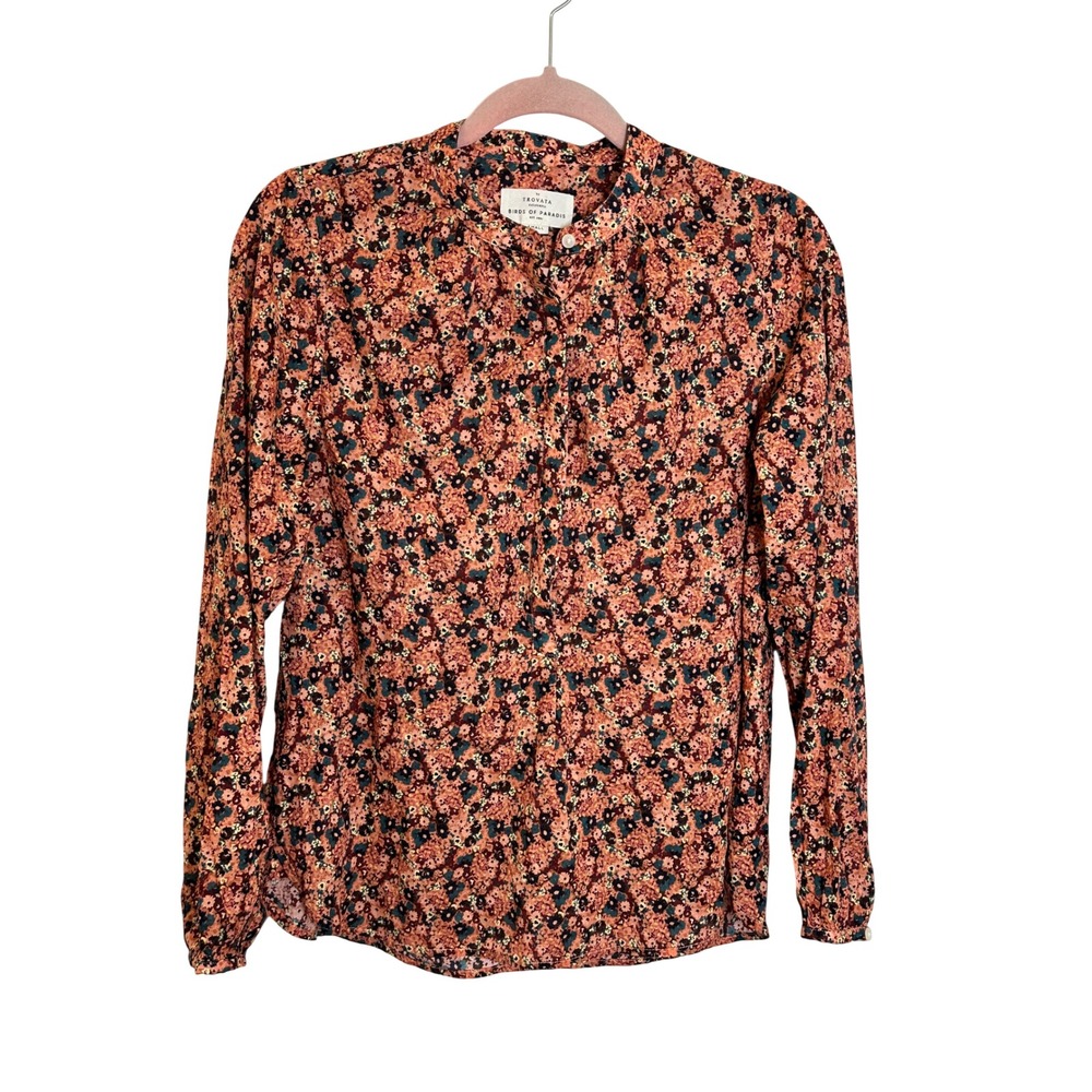 Birds of Paradis by Trovata Popover Shirt Top Size S Pink‎ Brown Floral Cottage